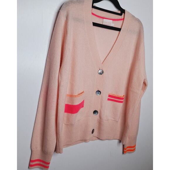 Brodie Elbow Patch Cardigan 100% Cashmere Large Varsity Stripe Preppy Academia - Picture 10 of 16